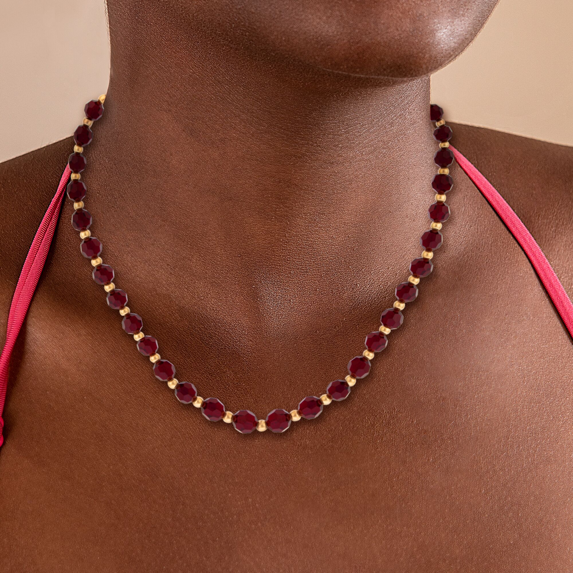 Collier En Grenat 15 Perles De 8mm Avec Chaîne Inox - Neuf
