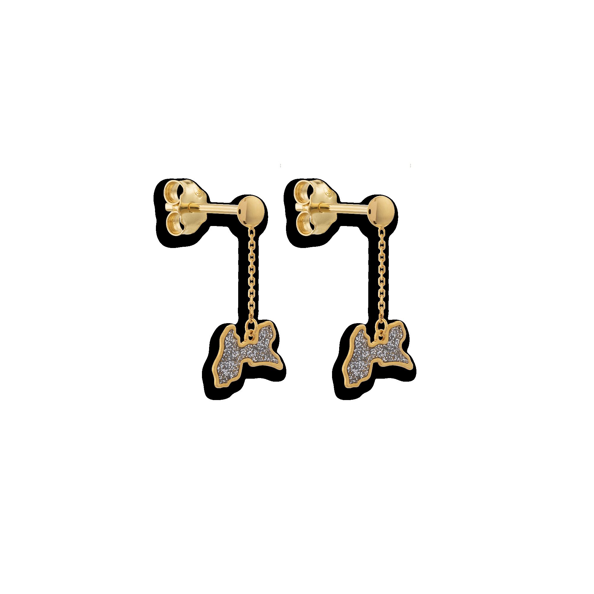 Boucles D'oreilles Or 375 Pendant 20mm Carte Guadeloupe Email Pailleté 9.5*6.5mm