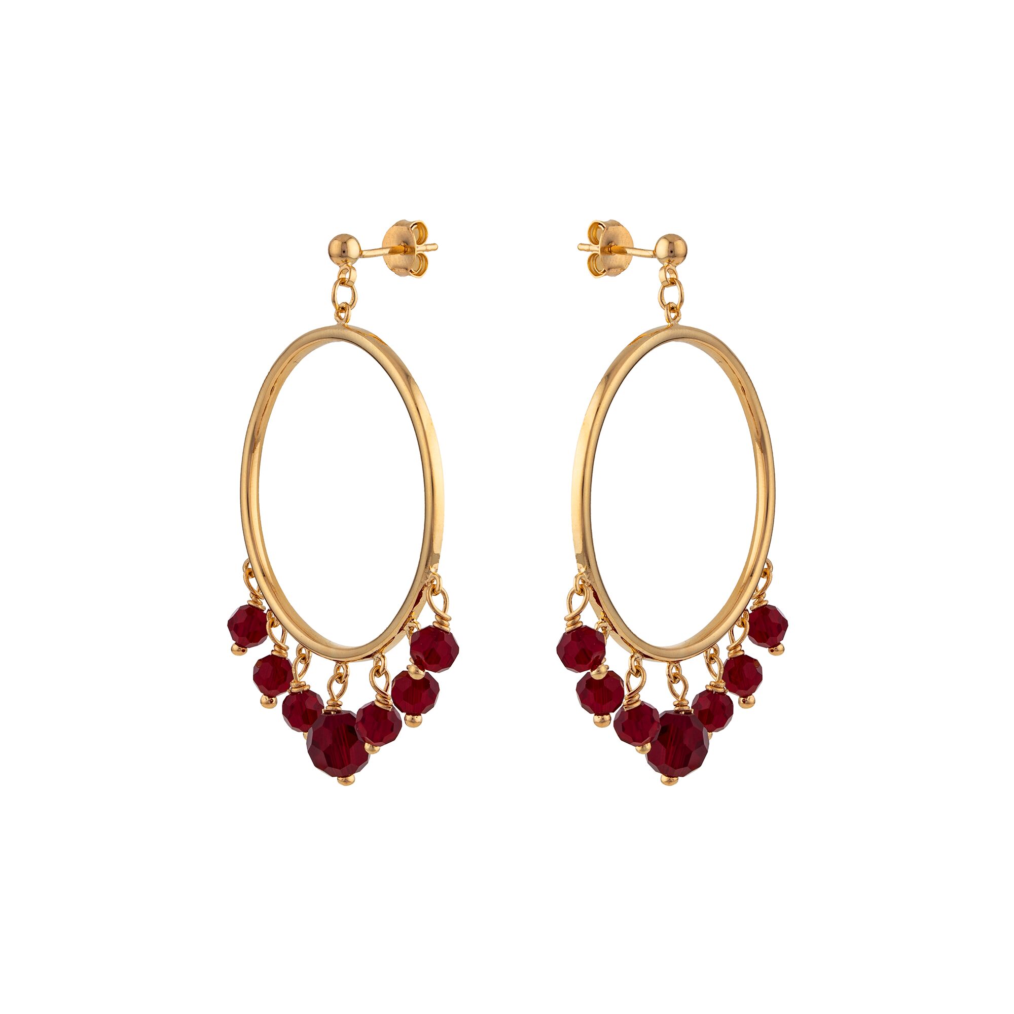 Boucles D'oreilles Plaqué Or Pendant 45cm Cercle 30mm Cristal Grenat 4  à 6mm